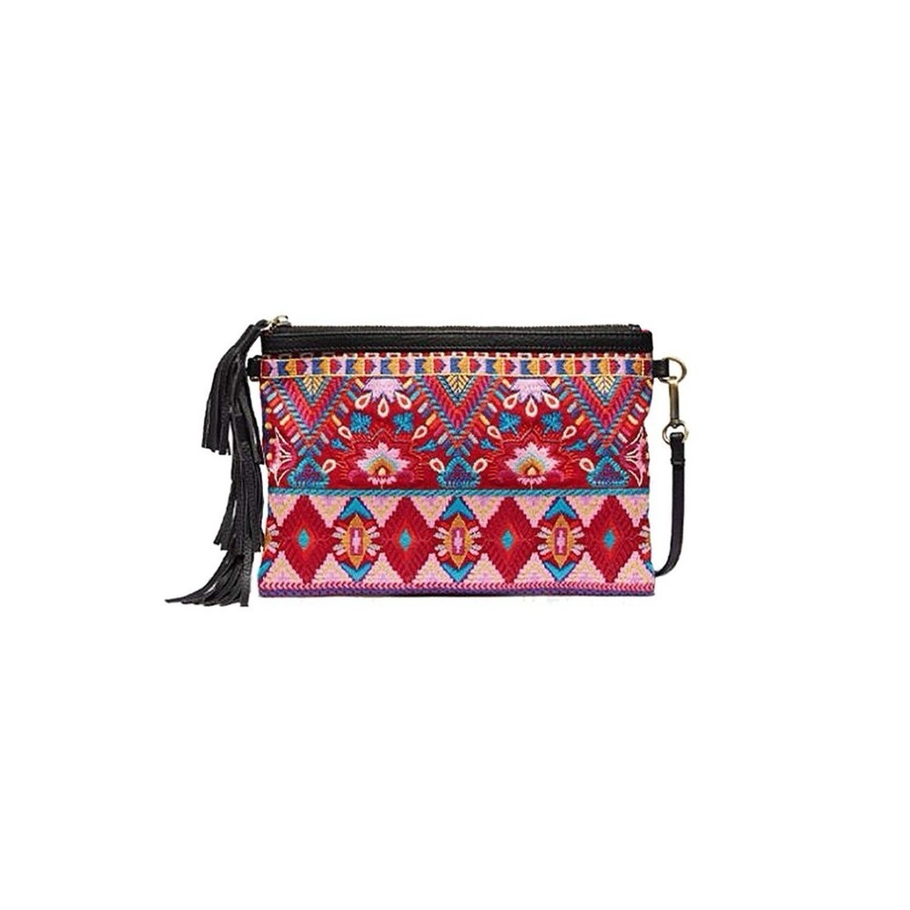 Johnny Was Laurell Fringe Floral Embroidery Bag Zip Handbag Black Pink Purse NEW